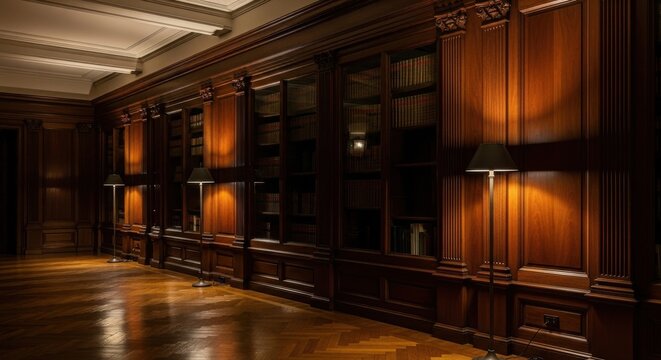 A grand library interior with dark wood paneling and shelves filled with books, illuminated by soft uplighting and floor lamps.