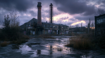 Naklejka premium Abandoned Factory with Tall Chimneys at Dusk