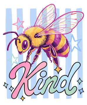 Colorful Whimsical Honey Bee Illustration with &ldquo;Kind&rdquo; Lettering and Pastel Striped Background