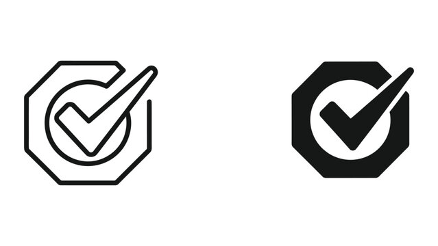 Black and white checkmark inside an octagon shape icon
