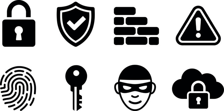 Collection of eight black vector icons representing security concepts isolated on transparent background