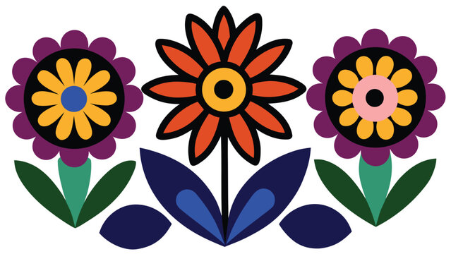 Symmetrical folk art flower pattern with purple and orange blossoms and dark blue leaf base