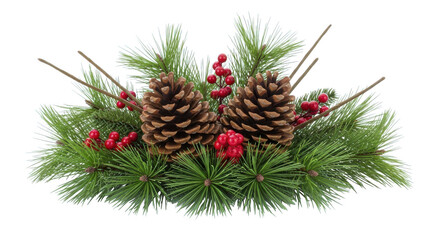 Fototapeta premium Pinecone and berry arrangement on green pine branches isolated on transparent background