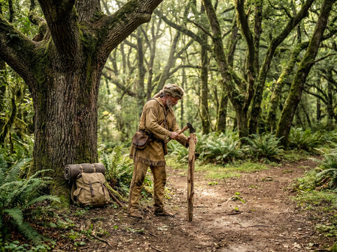 Man in buckskin clothes carves wooden post with axe in dense green forest.