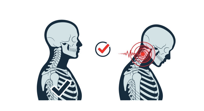 Diagram comparing healthy neck alignment with a forward head posture condition often caused by excessive mobile device usage.