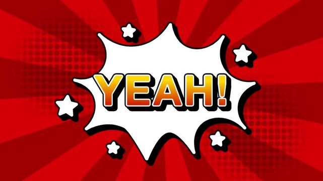 Yeah text word lettering popup comic cartoon reveal with bomb and smoke explosion manga anime book page dots with radial speed lines doodle red background with seamless loop animation retro clip