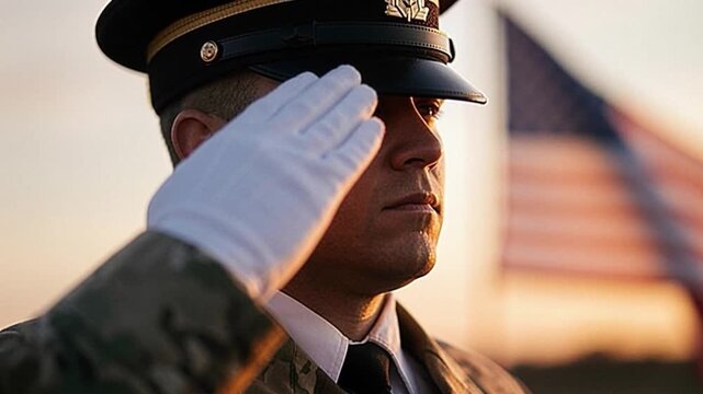 Soldier in military uniform saluting with white gloves against the backdrop of an American flag during a Veterans Day celebration at sunset