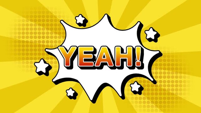 Yeah text word lettering popup comic cartoon reveal with bomb and smoke explosion manga anime book page dots with radial speed lines doodle yellow background with seamless loop animation retro clip
