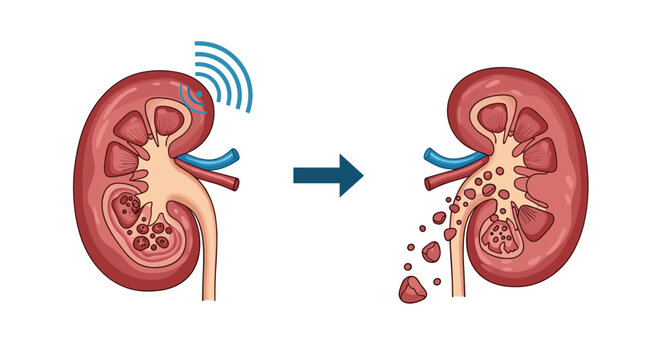Medical illustration of lithotripsy treatment showing how sound waves are used to break up kidney stones into smaller pieces.