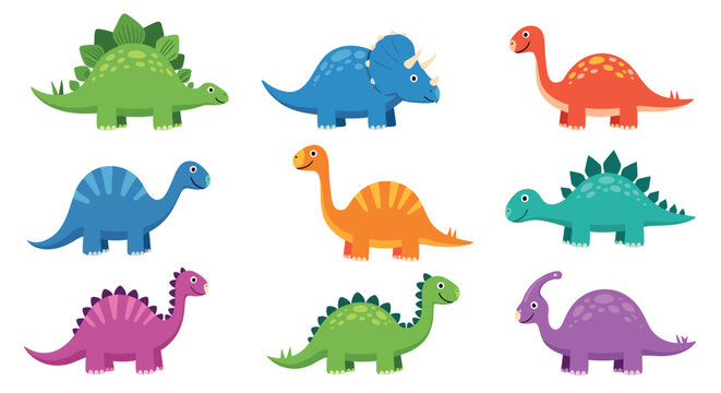 Colorful collection of cute cartoon dinosaur characters including species like triceratops, stegosaurus, and long necked brontosaurus.