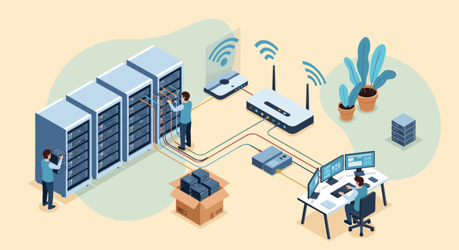 Detailed isometric infographic showing a network server setup with technicians, routers, wiring, and computer workstations in an office.