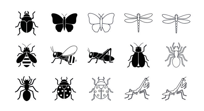 Insect silhouettes diverse black and white set