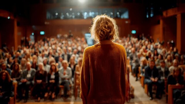 Female diversity. Human rights, equal opportunity concept. A vivid portrayal of a woman with curly blonde hair stands in the foreground, facing away from the viewer. She wears a textured.