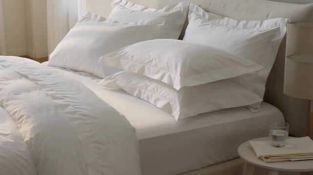 White bedding with soft linens, hotel-style sheets, and clean bedroom essentials