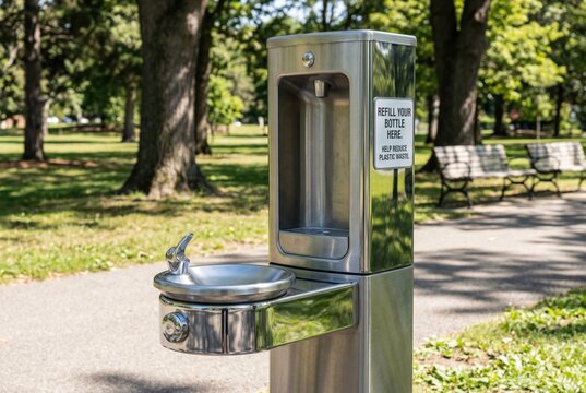 Stainless steel public water fountain and bubbler in a sunny green park