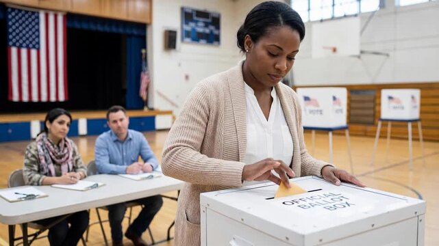 Black woman placing envelope into official ballot box at school basketball court with election officials and American flag in the background during US election day