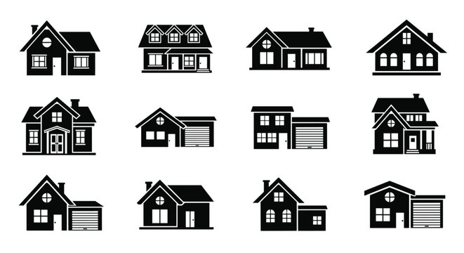 Set of black silhouettes showing various architectural styles of suburban houses with garages and chimneys for real estate design projects.