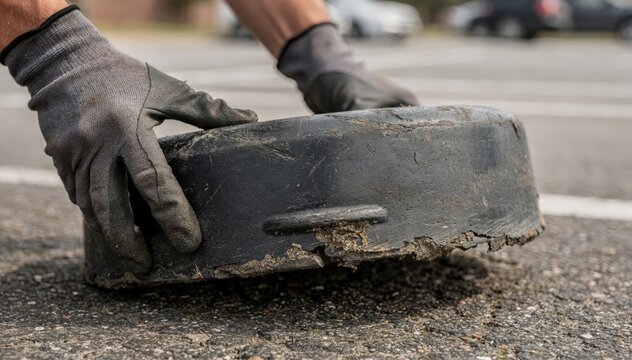 Focused view on a black rubber wheel stop removal highlighting hands holding the wornout block with an indistinct parking area in soft focus.