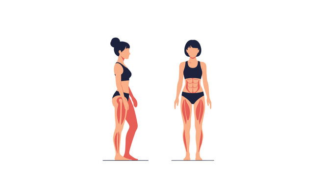 Illustration of a fit female character from the front and side views highlighting leg and abdominal muscle groups for fitness training.