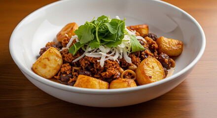 Fototapeta premium Hearty chili with potatoes, beans, and fresh greens in a white bowl on a wooden table.