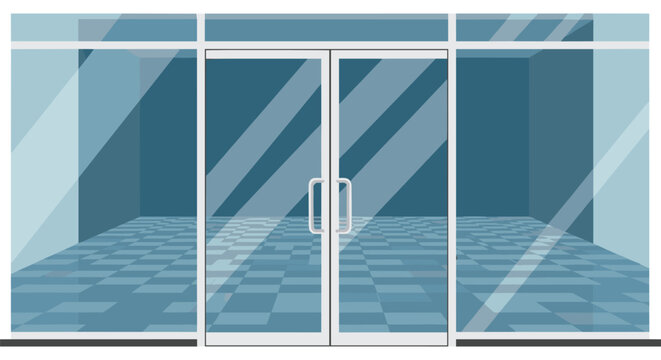 Clean illustration of a modern building entrance with double glass doors and large windows showing a tiled floor interior.