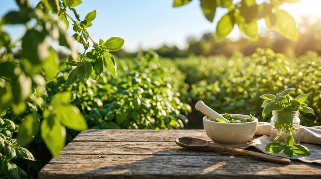 Fresh basil in a garden setting with a mortar and pestle