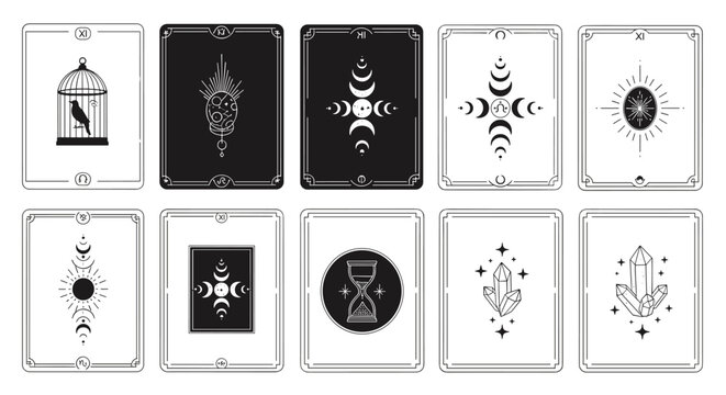Collection of mystical and esoteric tarot card designs featuring moon phases, celestial symbols, an hourglass, and crystals.