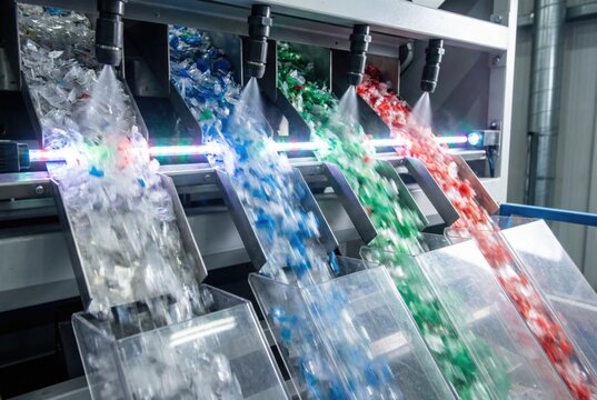 High speed automated optical sorting machinery classifying colorful recycled plastic materials