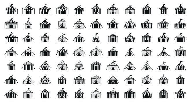 Large collection of different circus and carnival tent icons in various shapes, sizes, and striped patterns for festive events.