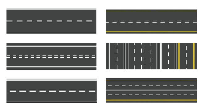 Collection of top-down views for different asphalt road types featuring various lane markings, dividers, and yellow edge lines.