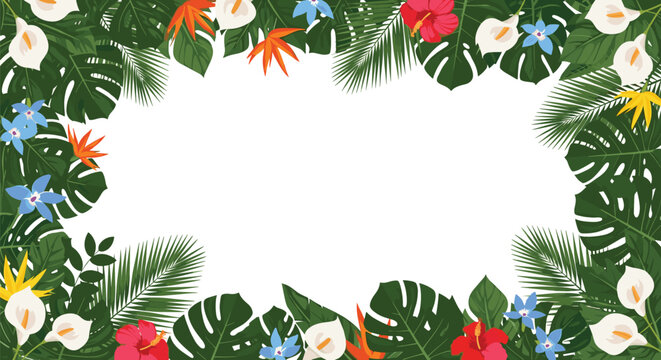 Vibrantly colored tropical floral border frame featuring monstera leaves, palm fronds, hibiscus, and bird of paradise flowers.