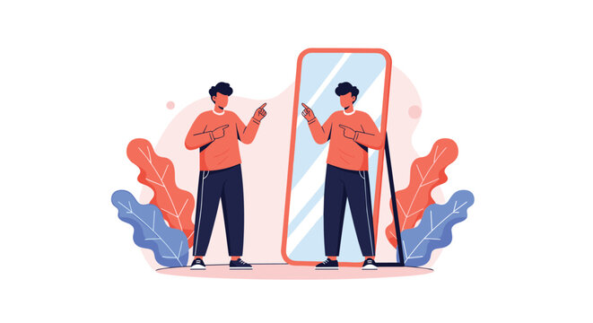 Illustration of a man looking in a mirror and pointing at his reflection as a concept of self-confidence and identity.