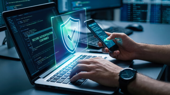 Cybersecurity professional performing secure multifactor authentication on a laptop and smartphone with digital shield icon