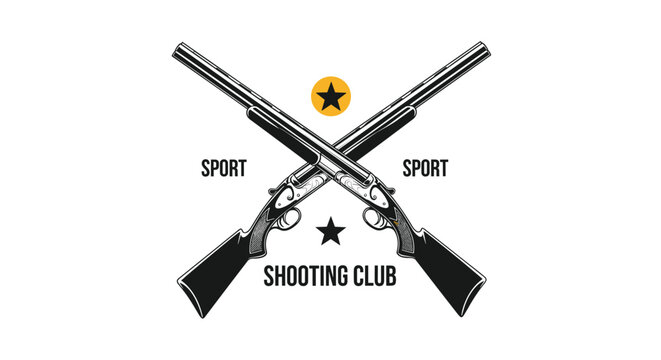 Vintage shooting club emblem featuring crossed double barreled shotguns stars and sporting club text on white.