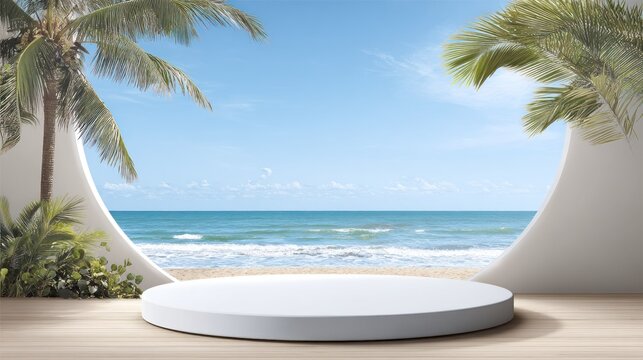 Cylindrical white podium stands before a tropical ocean view framed by architectural curves and foliage