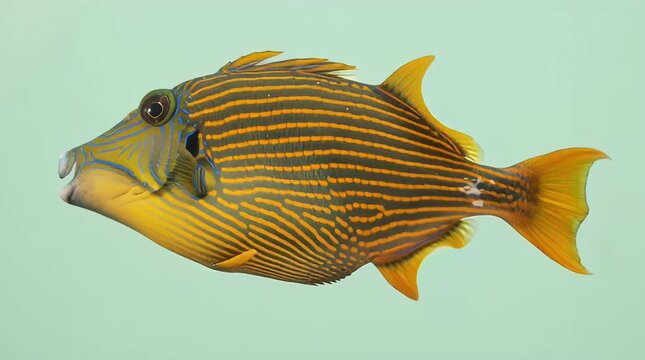 Lined triggerfish swimming smoothly forward, fins and tail moving naturally with realistic underwater motion