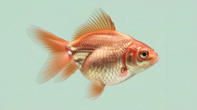 Rosy gold fantail goldfish swimming gracefully, fins and tail flowing naturally in water, gentle movement against pale green background