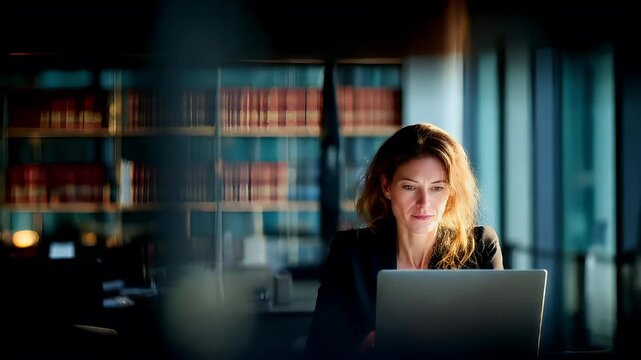 Female diversity. Human rights, equal opportunity concept. A portrait of a woman seated at a table, intently focused on her laptop. She wears a dark blazer and has shoulderlength, wavy brown hair.