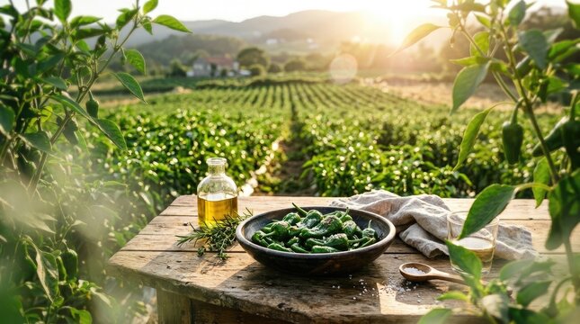 Bowl of Padr&oacute;n peppers seasoned with salt and olive oil on a rustic wooden table in a field at sunset