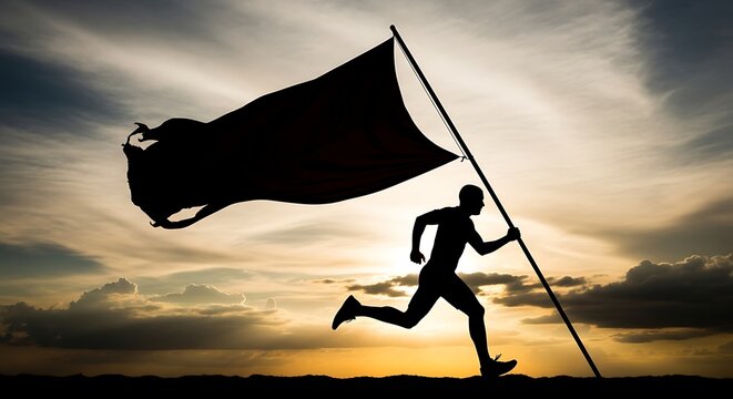 Silhouette Runner Carrying Flag Towards Sunset