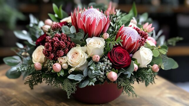 Vibrant bouquet of roses and proteas in a red vase on wooden table with lush greenery and soft pink buds exuding elegance and warmth in a cozy indoor setting with natural light