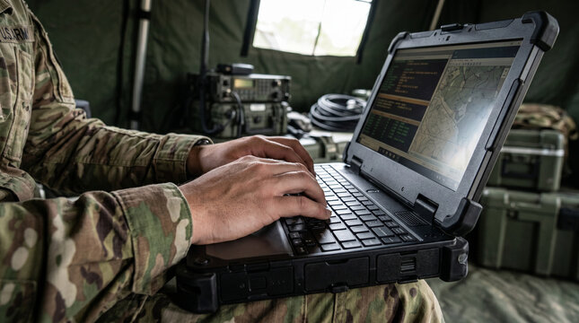 Soldier using military laptop inside tent with equipment around  