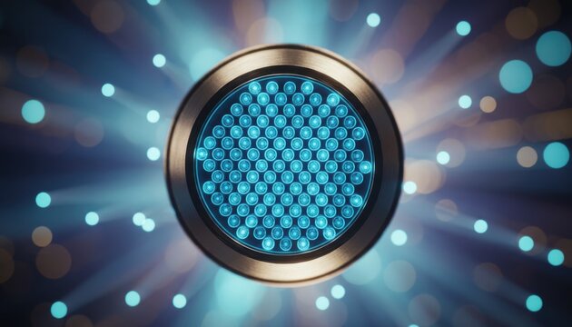 Circular blue led light panel glows with bright bokeh background creating futuristic technological atmosphere in dark room