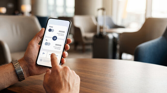 Person using mobile finance app in airport lounge