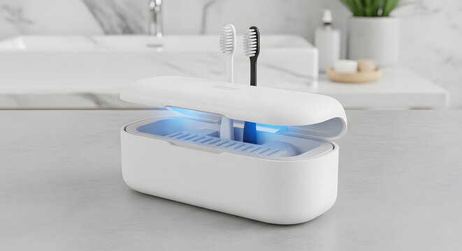 Automated UV toothbrush sterilizer station for multiple brushes featuring advanced germicidal light technology and modern bathroom design.