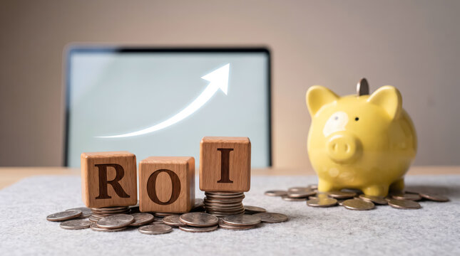 Wooden blocks with the word roi on a pile of coins with a piggy bank and an upward arrow on a laptop screen