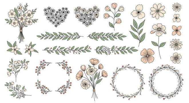 Collection of hand-drawn floral elements including bouquets, wreaths, branches and hearts in soft pink and green tones for wedding stationery.