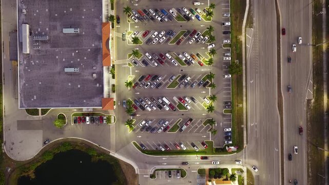 Retail complex parking lot with heavy traffic, emphasizing large-scale commercial development and modern urban planning in the USA