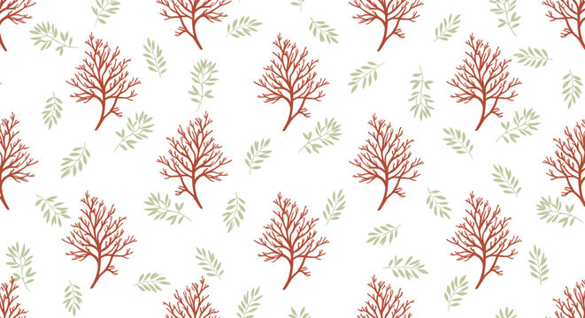 Abstract seamless pattern of red and green tree-like coral branches on a white background captures the organic movement of the sea.
