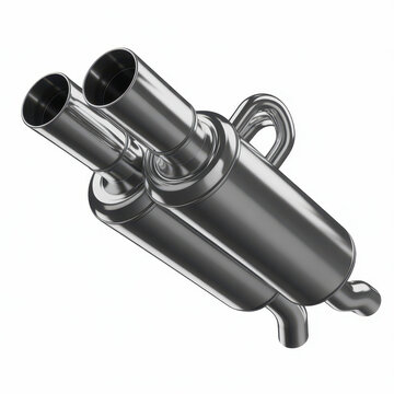 Metallic car exhaust muffler with dual pipes isolated on a clean plain white background view